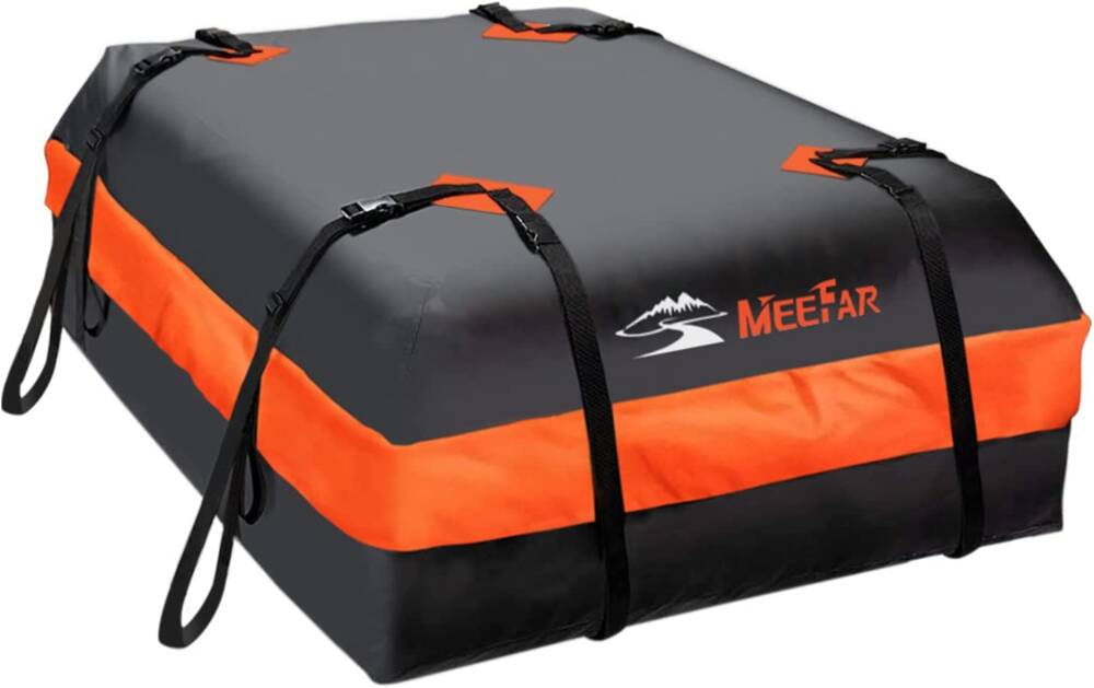 MeeFar Car Roof Bag XBEEK Rooftop top Cargo Carrier Bag Waterproof 15 Cubic feet for All Cars with_Without Rack, Includes Anti-Slip Mat, 8 Reinforced Straps, 6 Door Hooks, Luggage Lock